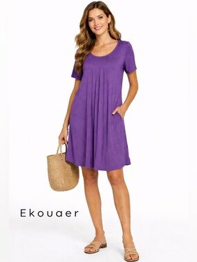 Ekouaer Purple Swing Dress Size M Soft Stretch Rayon A-Line Casual Flowy
